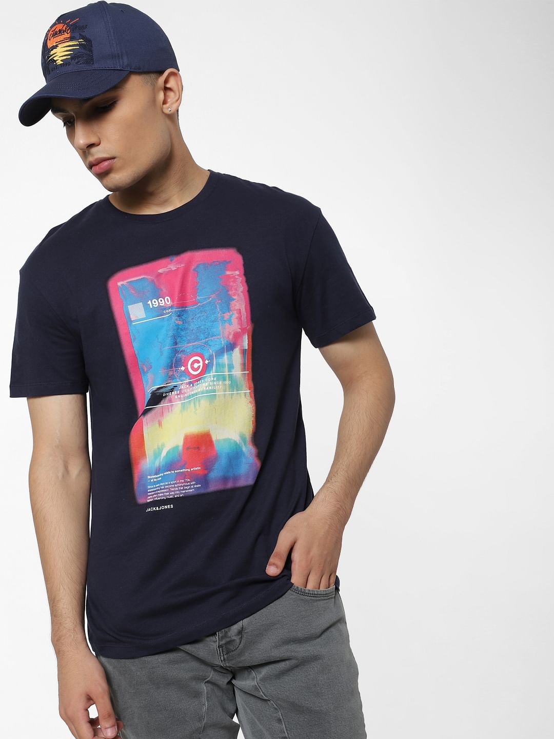 Navy Blue Graphic Print Crew Neck T-shirt - S