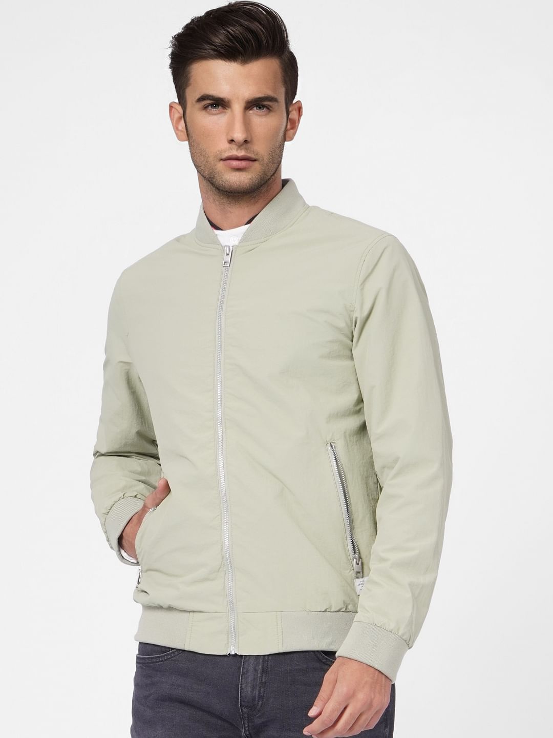 Light Green Zip Up Bomber Jacket