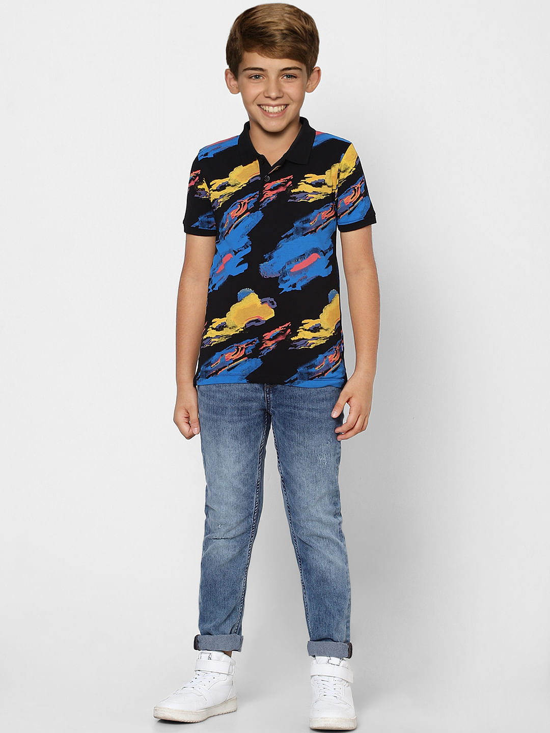 Boys Black Abstract Print Polo Neck T-shirt - 9/10Y
