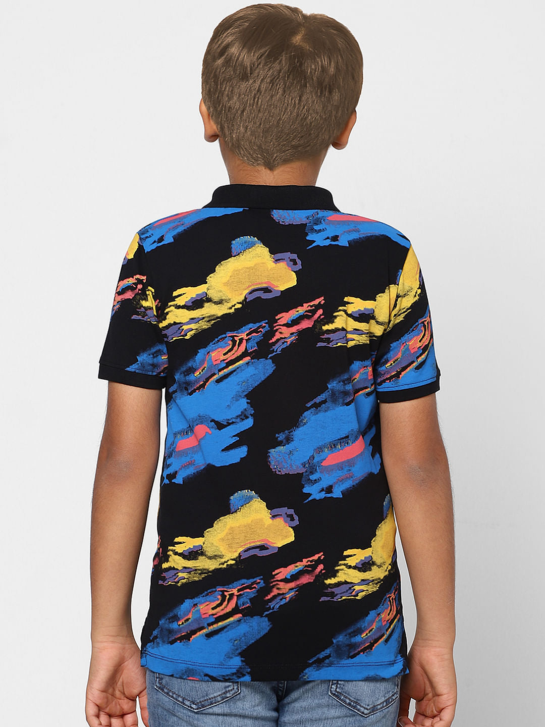 Boys Black Abstract Print Polo Neck T-shirt