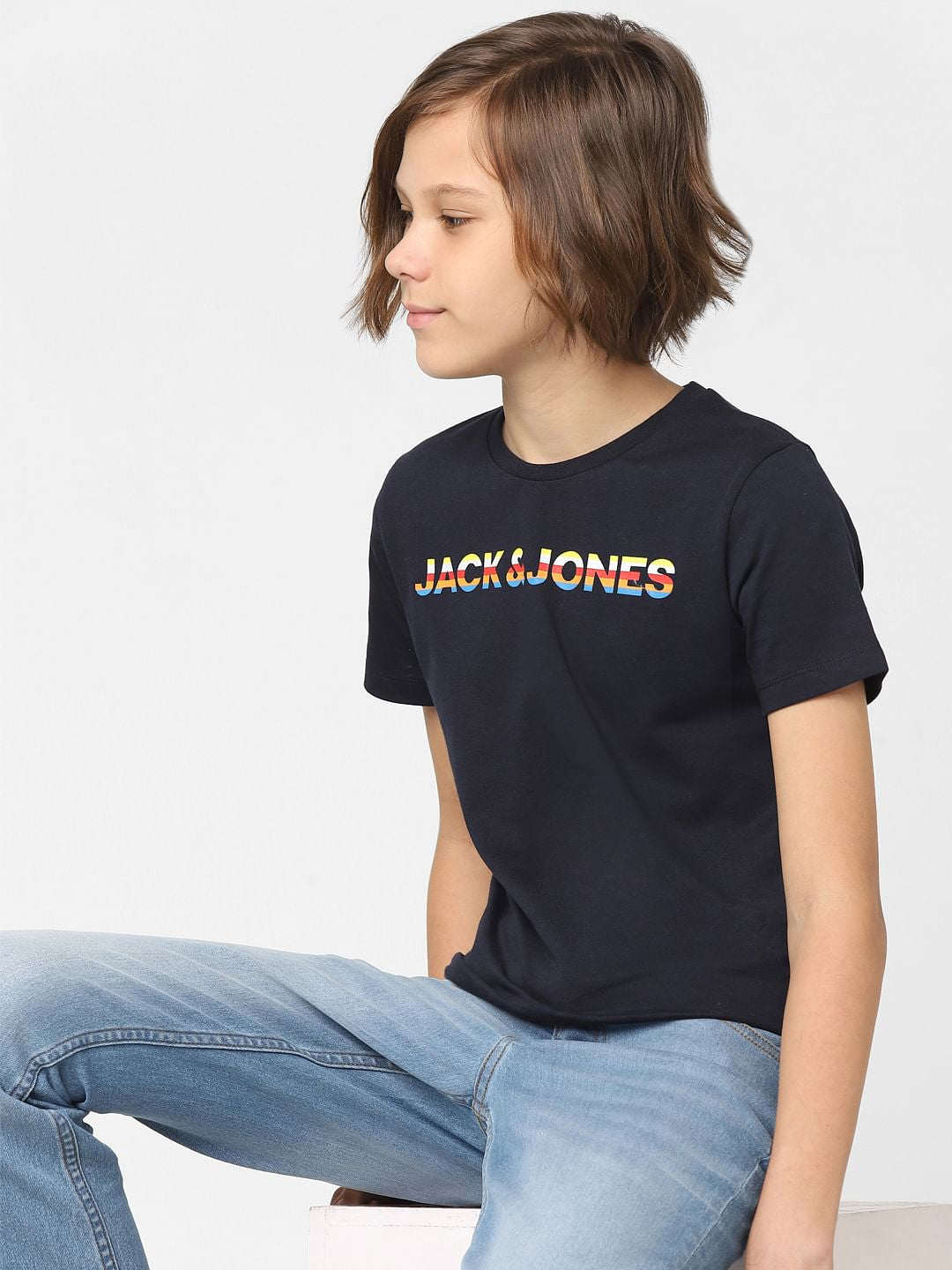 Boys Navy Blue Logo Print Crew Neck T-shirt