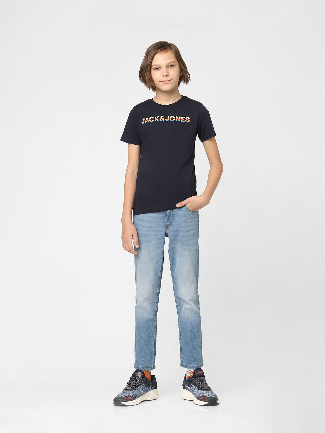 Boys Navy Blue Logo Print Crew Neck T-shirt