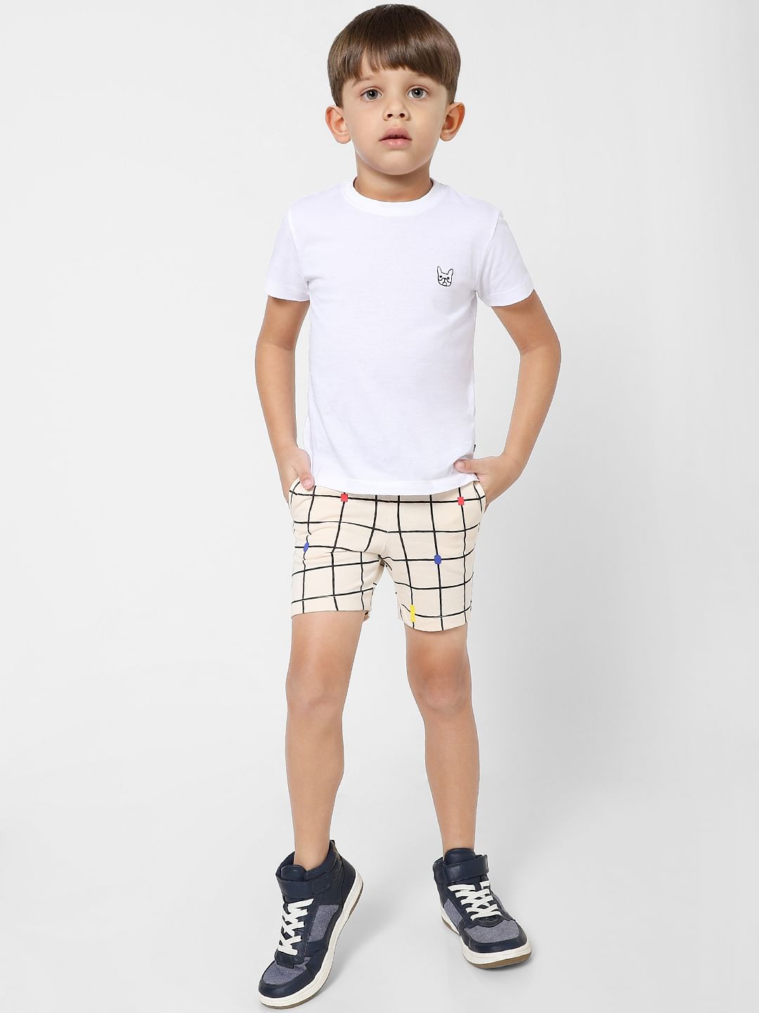 Boys Beige Mid Rise Grid Print Sweatshorts - 4/5Y