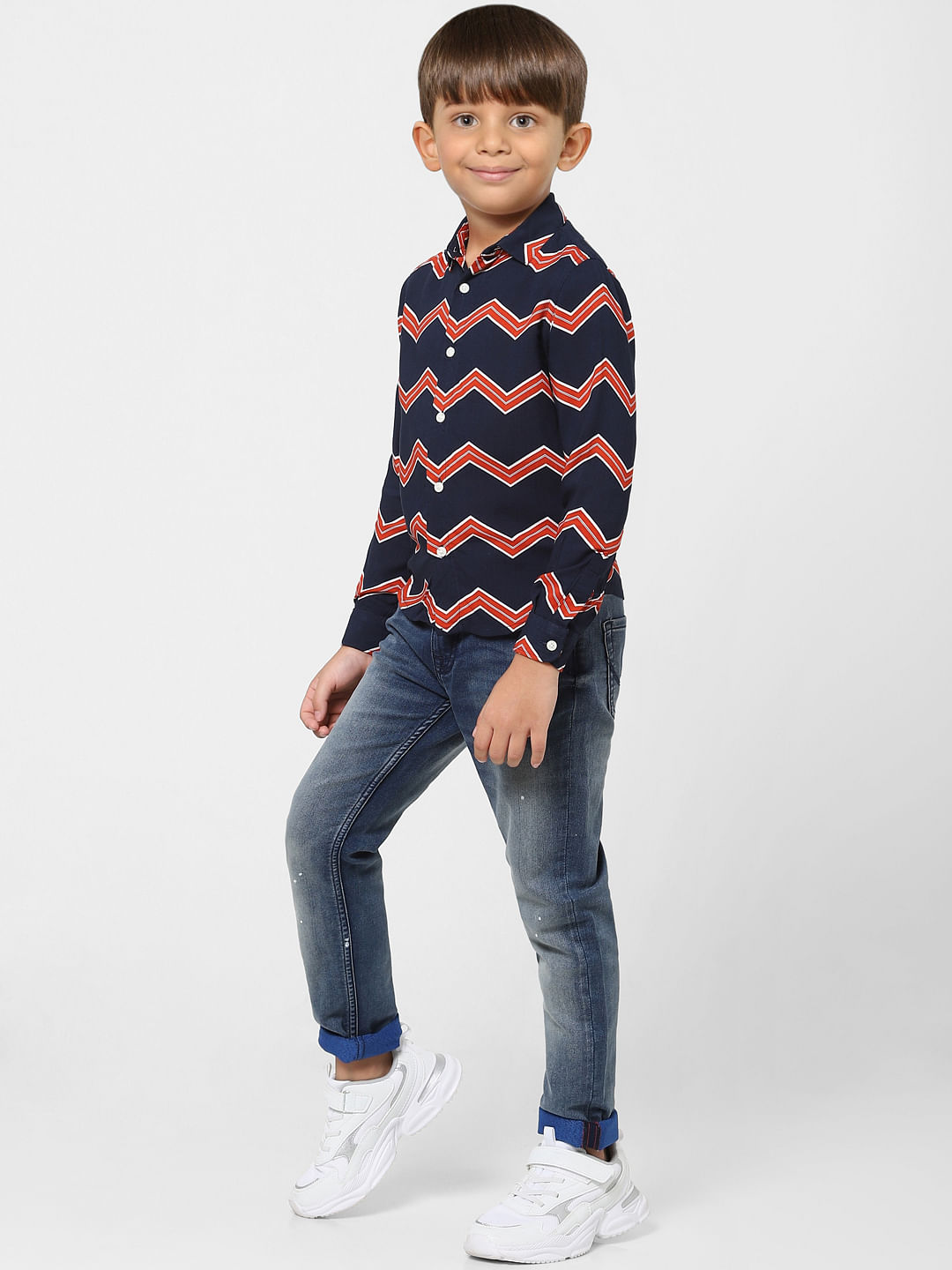 Boys Blue Zig Zag Print Full Sleeves Shirt - 4/5Y