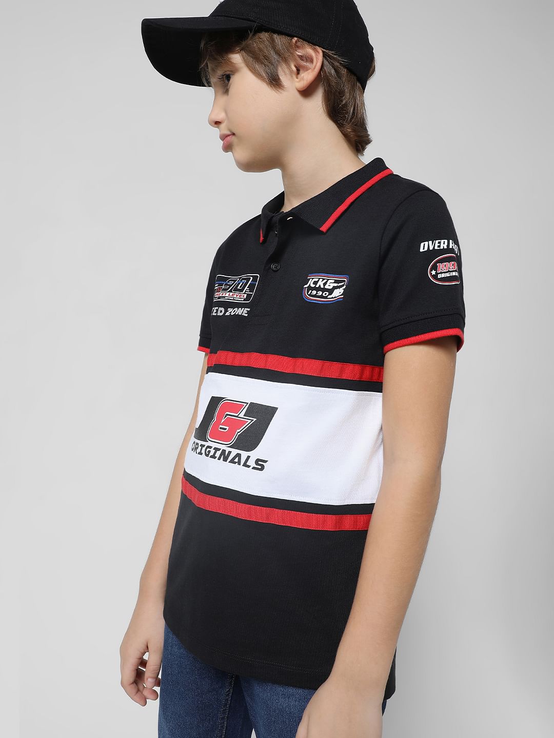 JACK&JONES JUNIOR X MOTOR MUNCHKINS Black Racer Print Polo T-shirt - 4/5Y