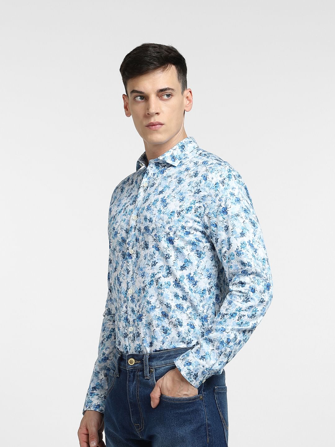 Blue Floral Print Full Sleeves Shirt