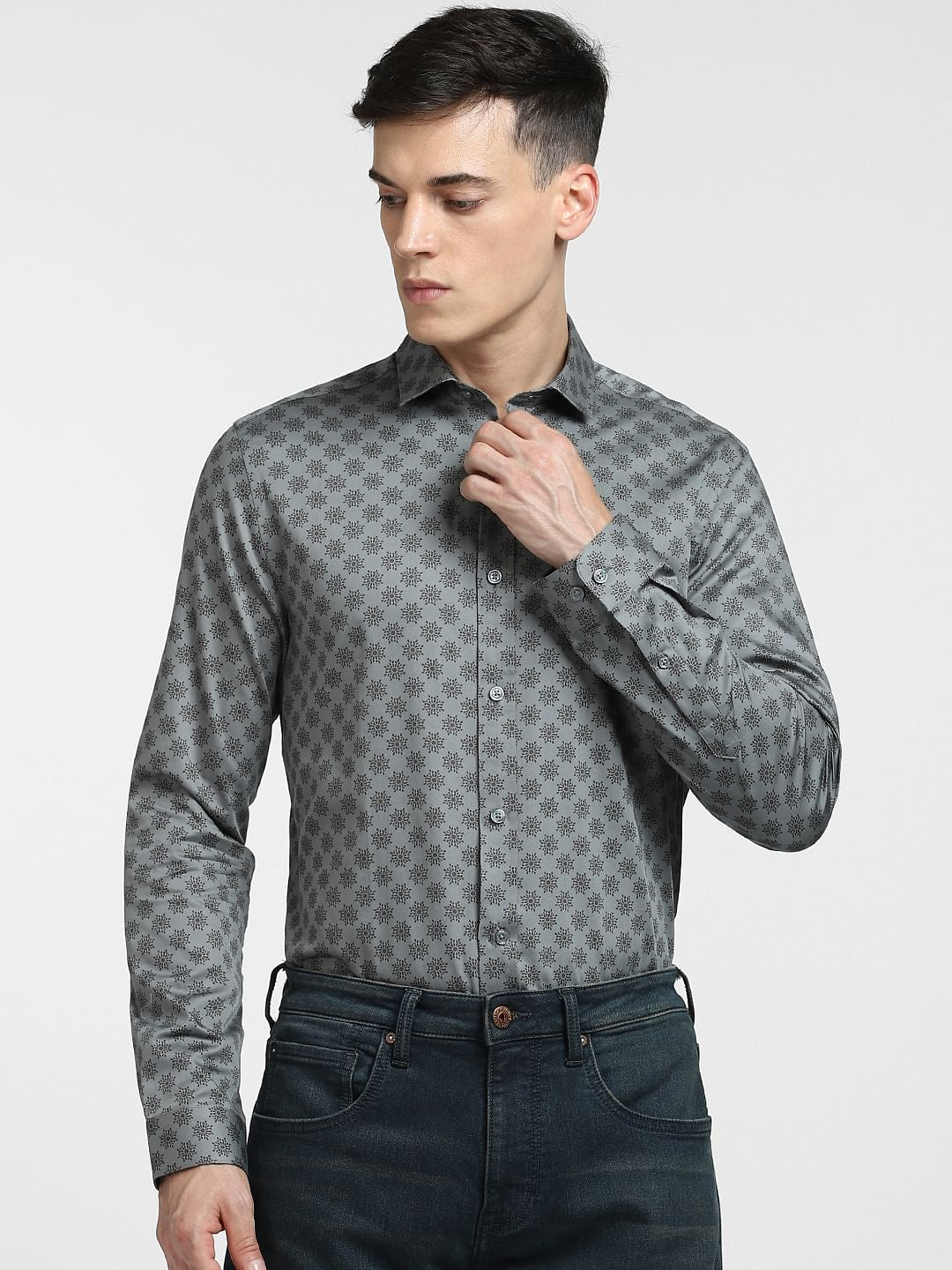 Grey Printed Full Sleeves Shirt