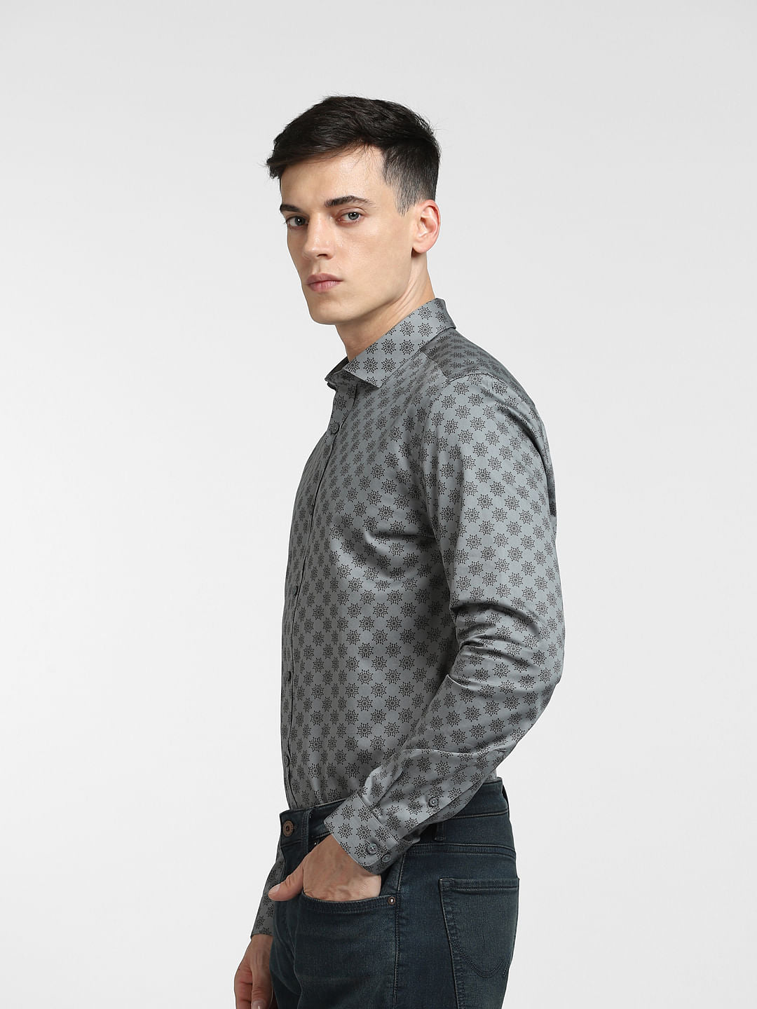 Grey Printed Full Sleeves Shirt