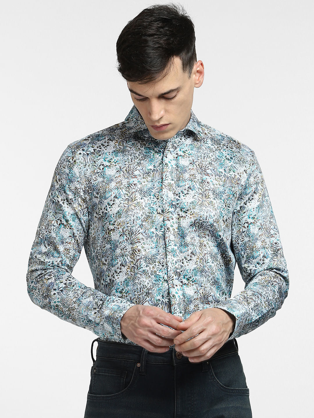 White Abstract Print Full Sleeves Shirt