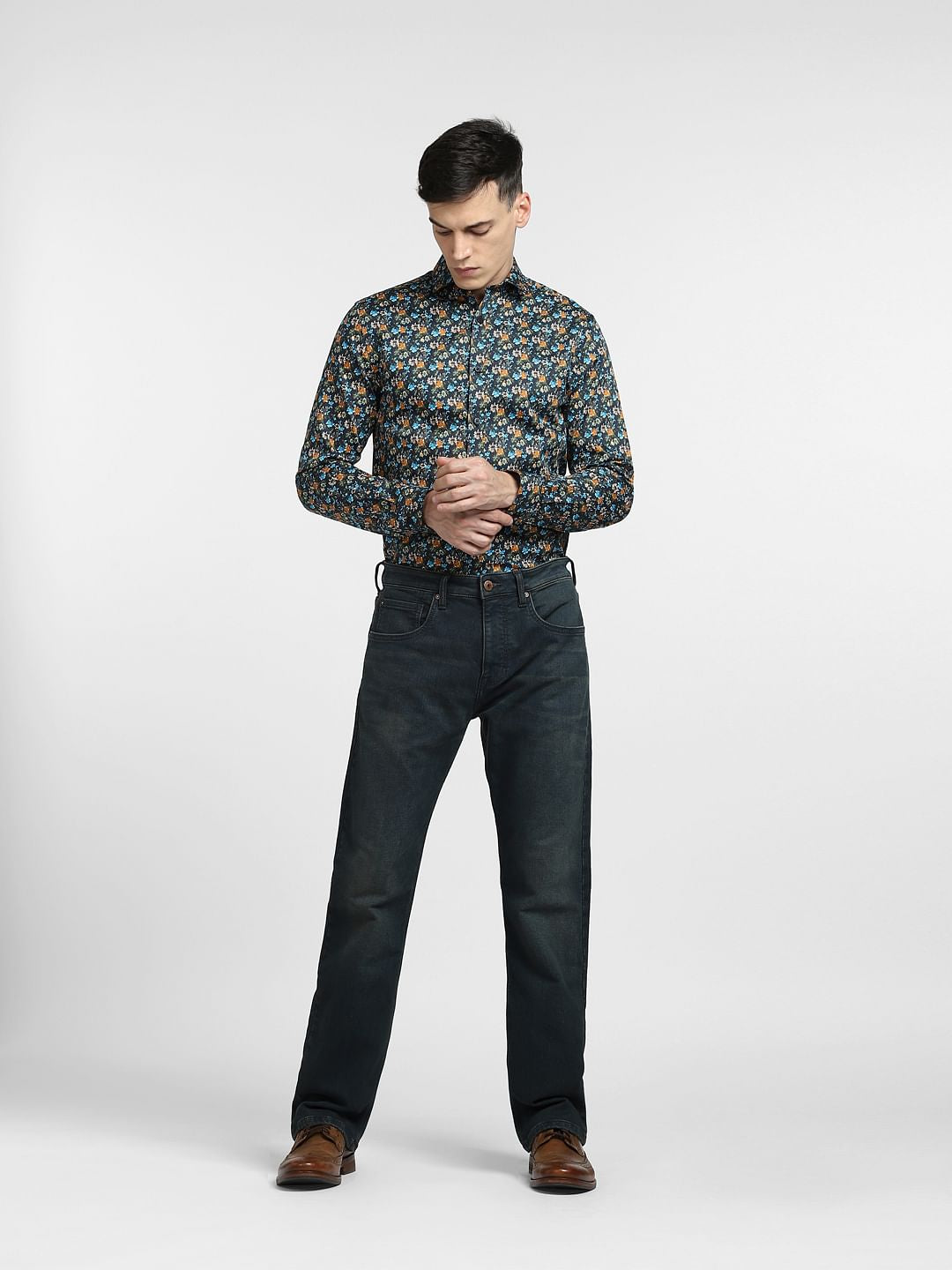 Dark Blue Floral Full Sleeves Shirt