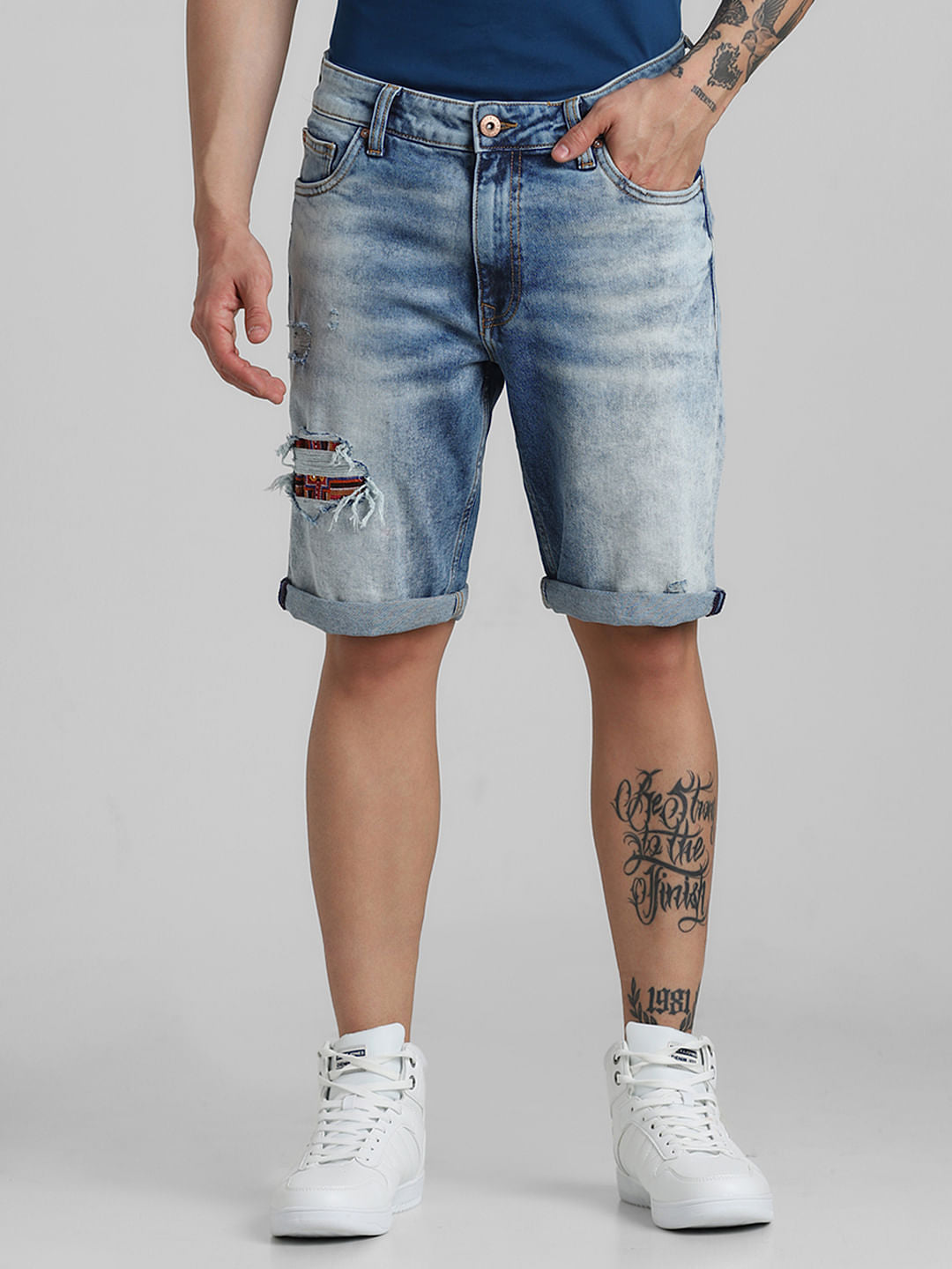 JACK&JONES X KUTCH BLUE MID RISE DISTRESSED DENIM SHORTS - S