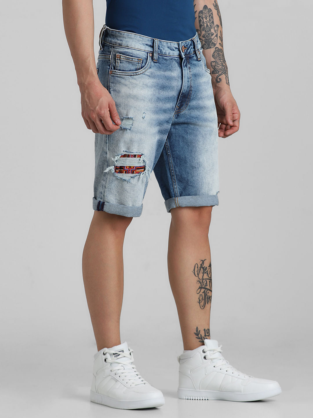 JACK&JONES X KUTCH BLUE MID RISE DISTRESSED DENIM SHORTS