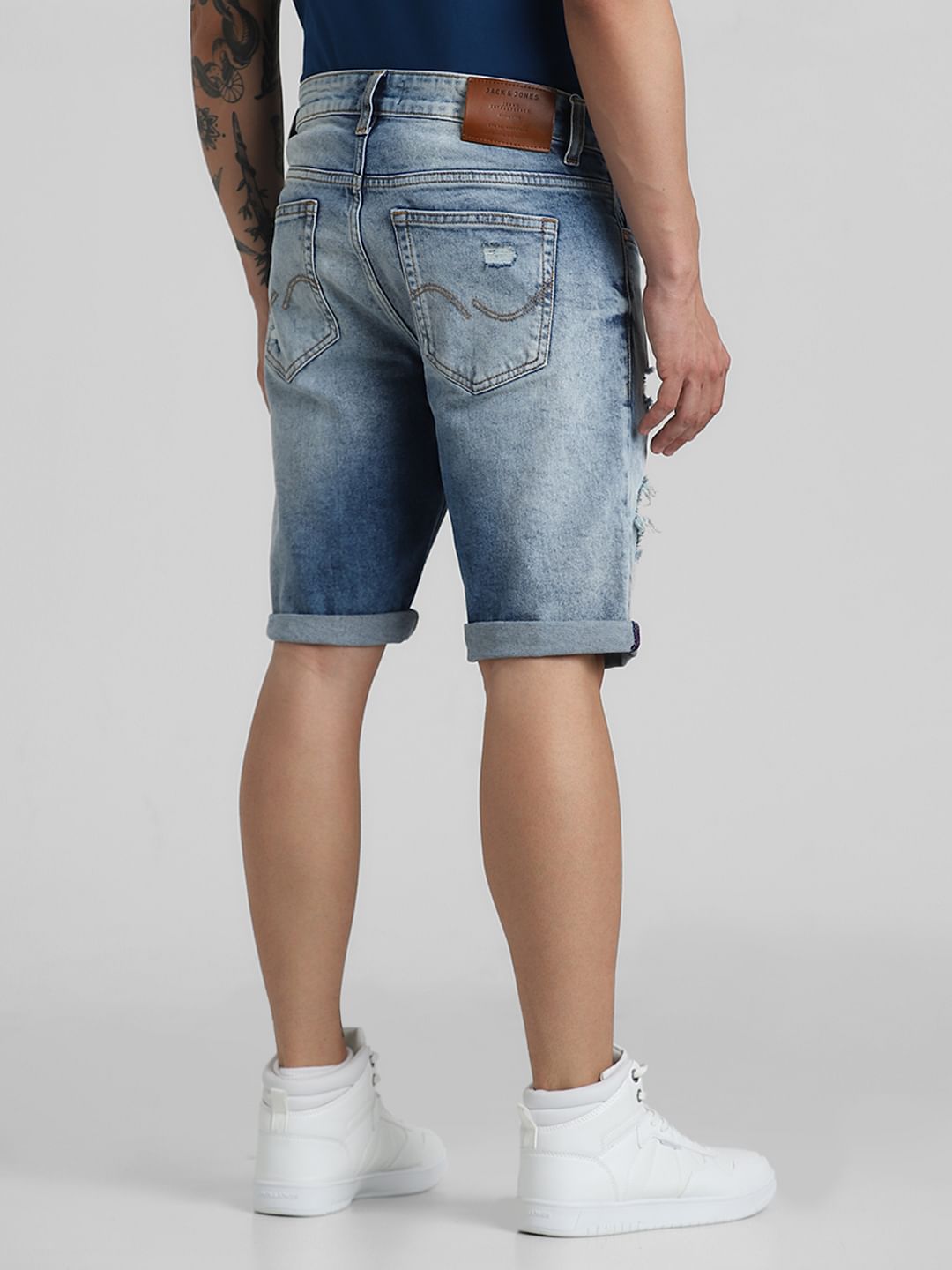 JACK&JONES X KUTCH BLUE MID RISE DISTRESSED DENIM SHORTS