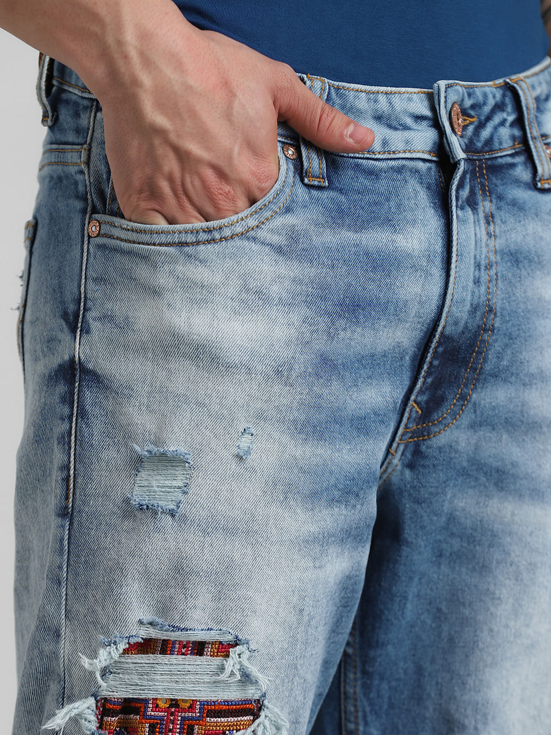 JACK&JONES X KUTCH BLUE MID RISE DISTRESSED DENIM SHORTS