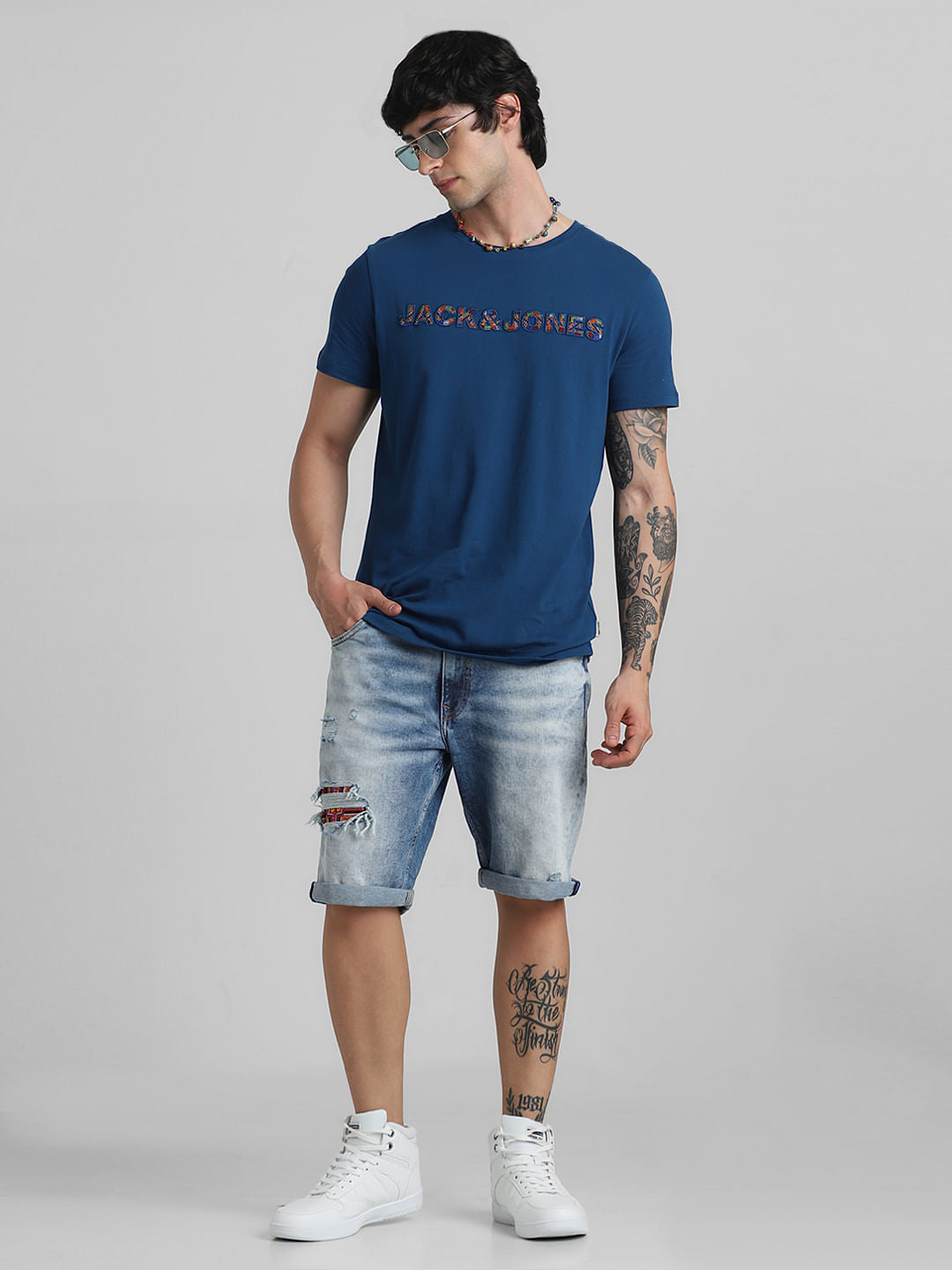 JACK&JONES X KUTCH BLUE MID RISE DISTRESSED DENIM SHORTS