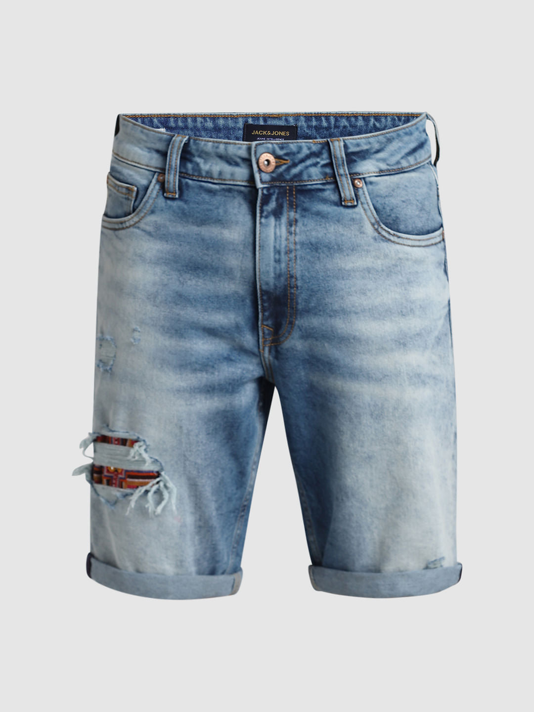 JACK&JONES X KUTCH BLUE MID RISE DISTRESSED DENIM SHORTS