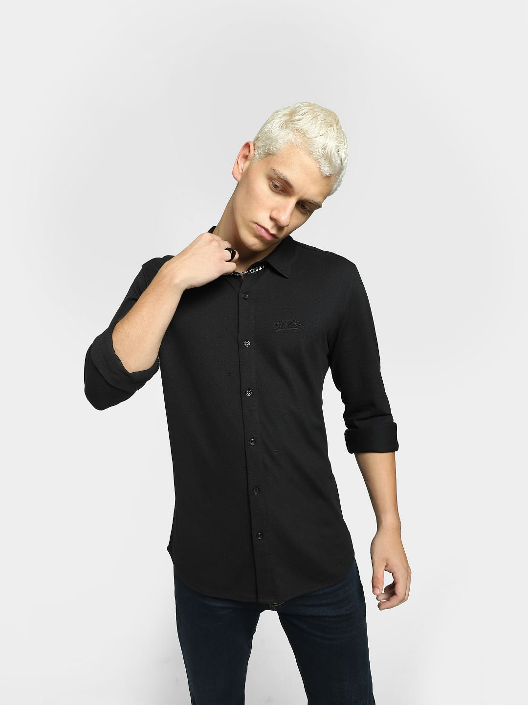 Black Knit Full Sleeves Shirt - S