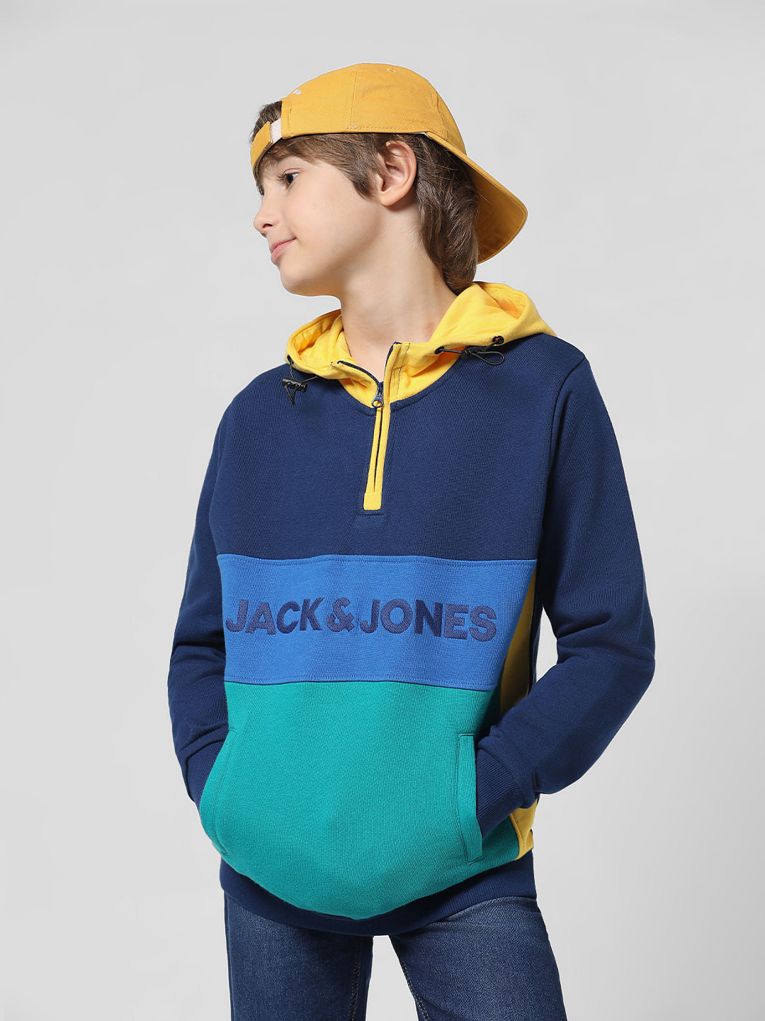 JACK&JONES JUNIOR X MOTOR MUNCHKINS BLUE COLOURBLOCKED HOODED SWEATSHIRT - 4/5Y