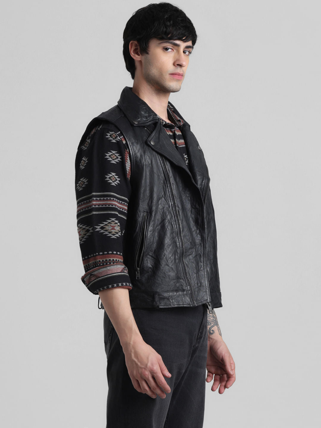 Black Leather Sleeveless Biker Jacket