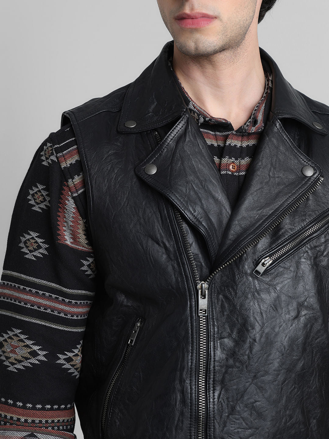 Black Leather Sleeveless Biker Jacket