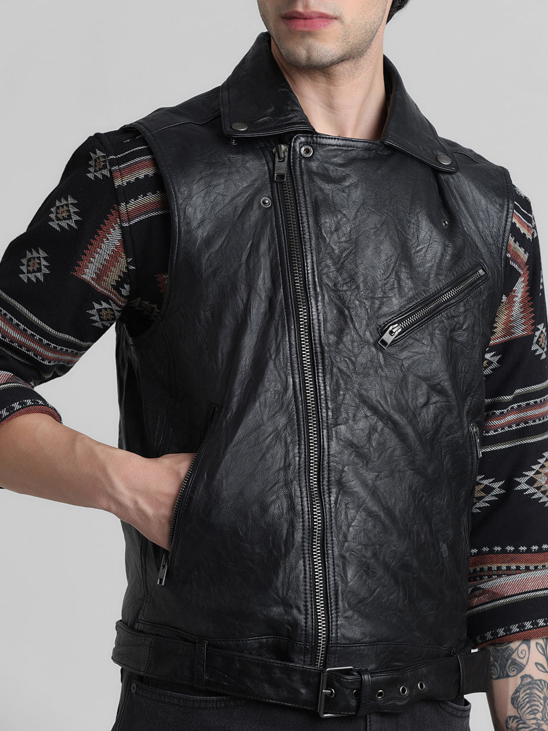 Black Leather Sleeveless Biker Jacket
