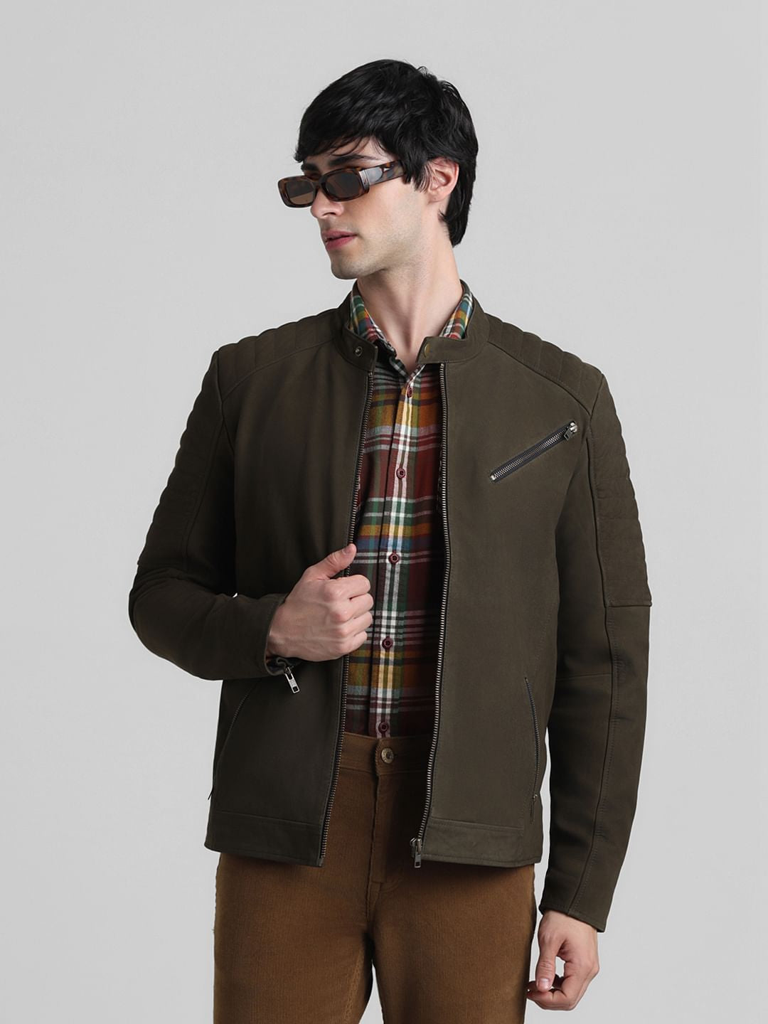 Olive Zip-Up Leather Jacket - S