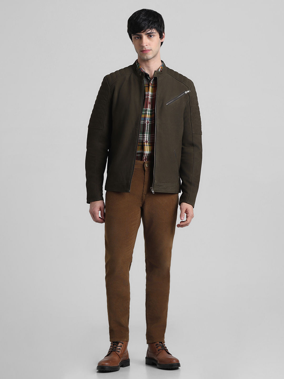 Olive Zip-Up Leather Jacket