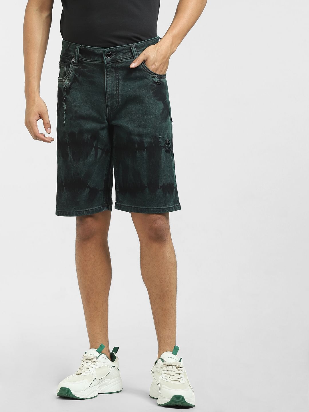 Black Low Rise Tie-Dye Denim Shorts