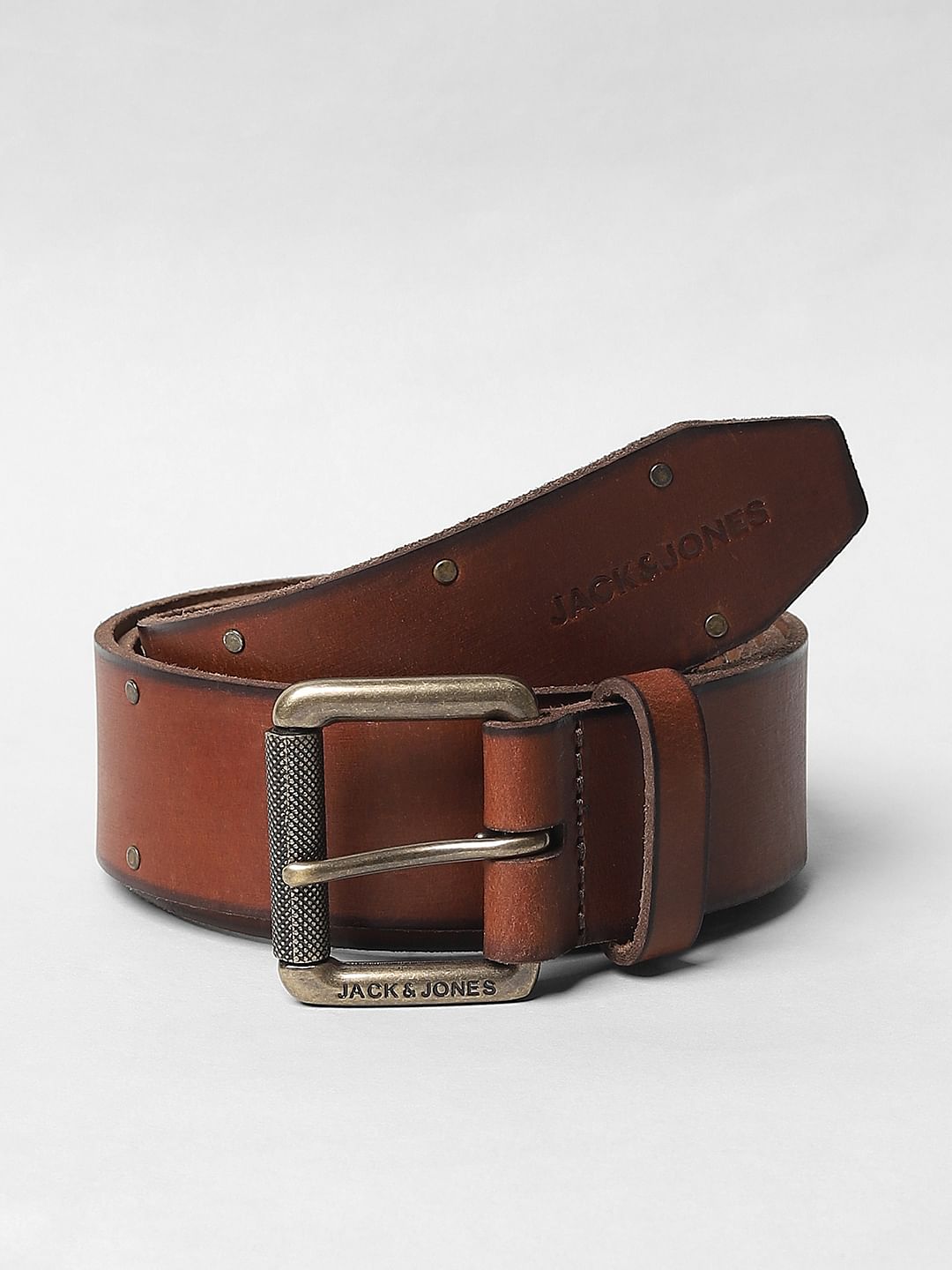 Brown Studded Leather Belt - 32