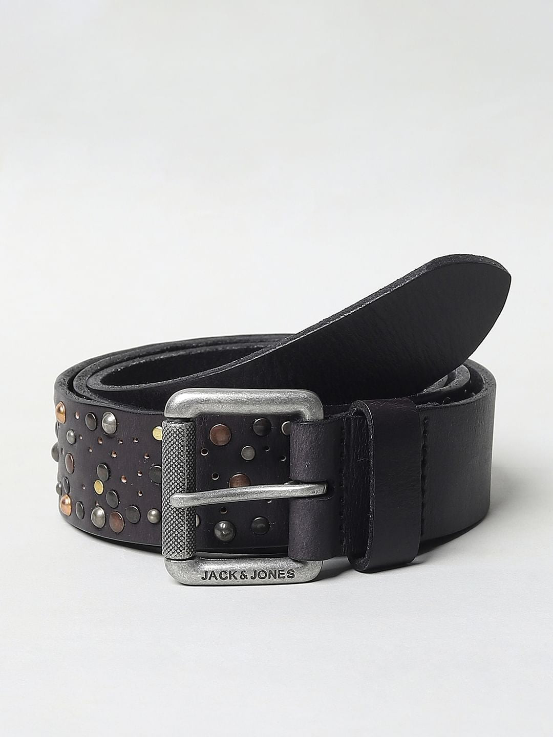 Black Studded Leather Belt - 32