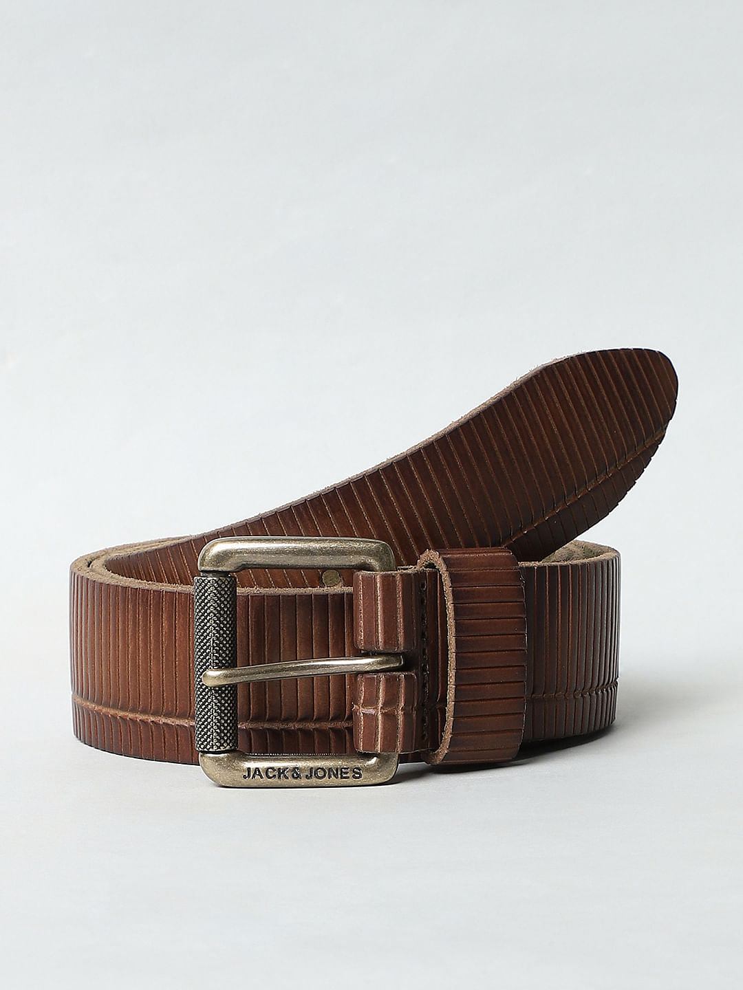 Brown Textured Striped Leather Belt - 32