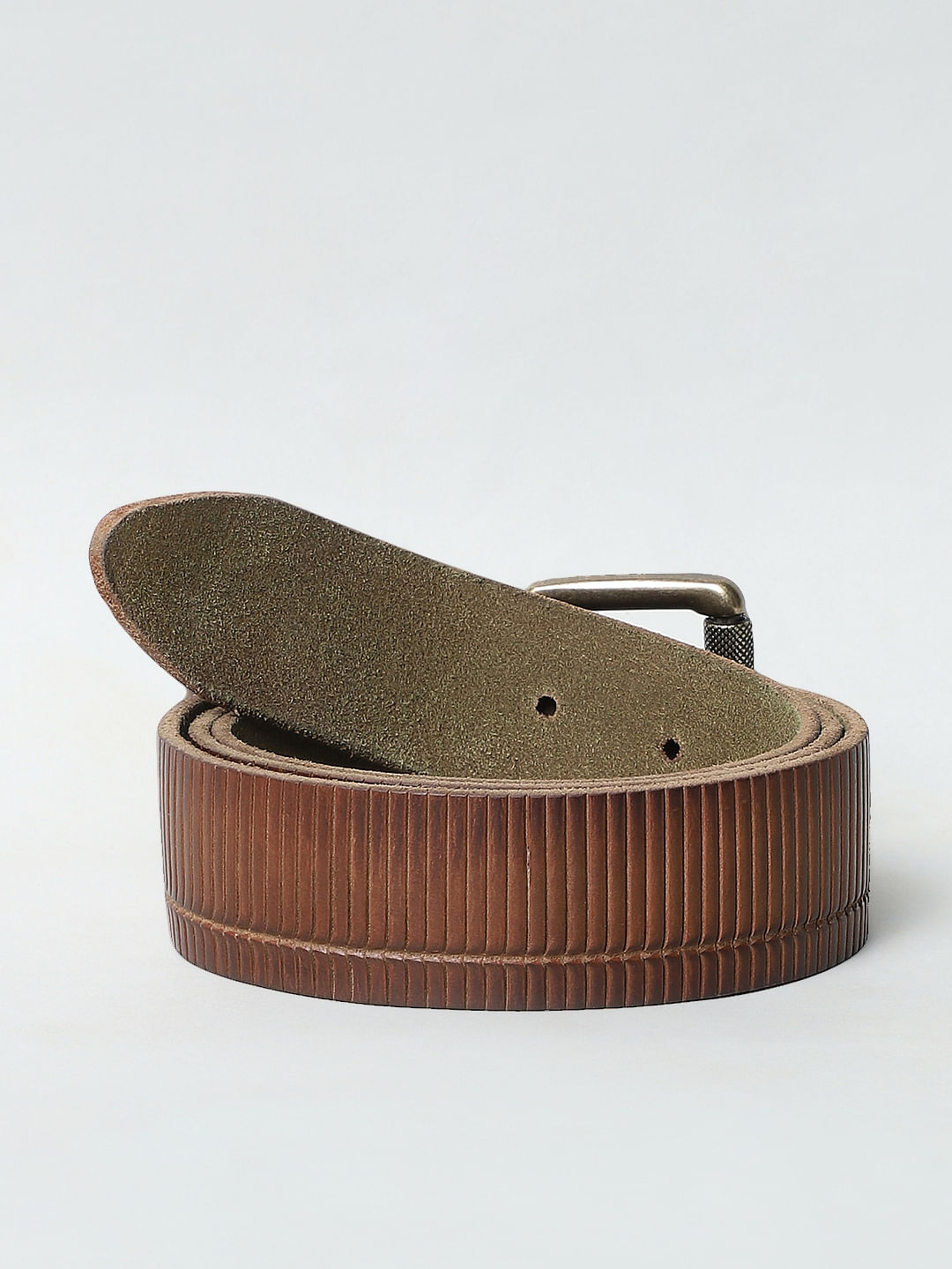Brown Textured Striped Leather Belt