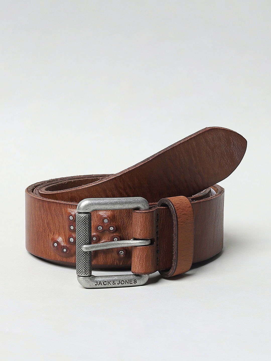 Brown Studded Leather Belt - 32