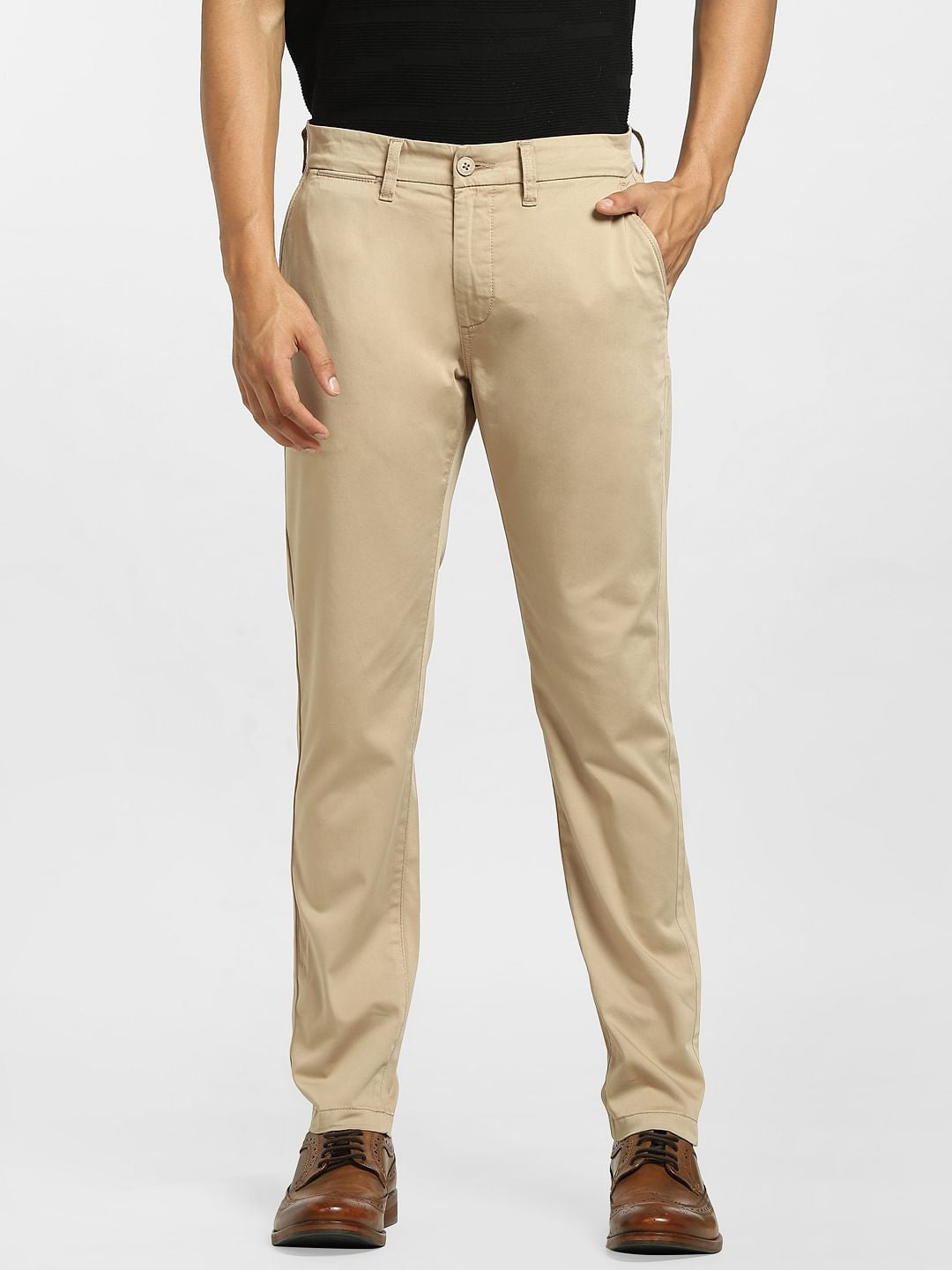 BEIGE LOW RISE REGULAR FIT PANTS