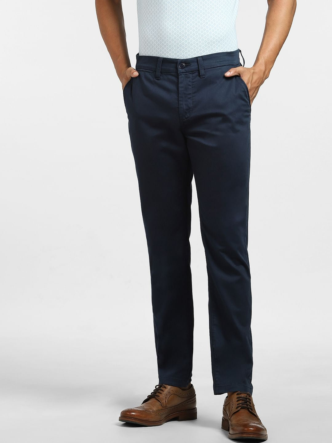 Navy Blue Mid Rise Regular Fit Pants