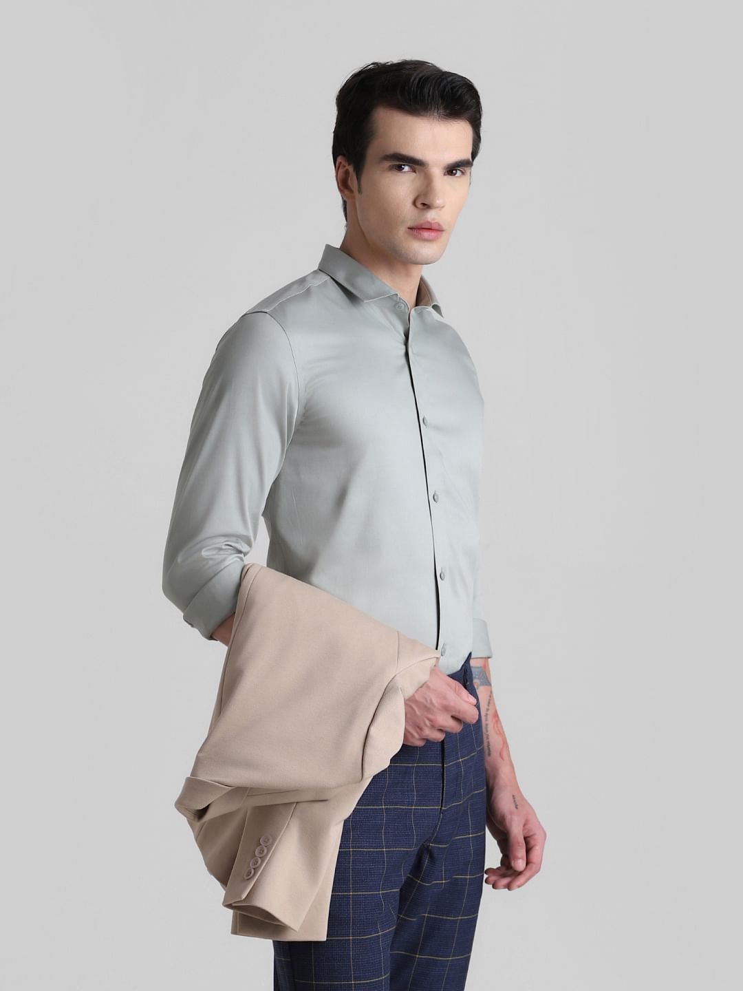 Grey Full Sleeves Solid Shirt - S