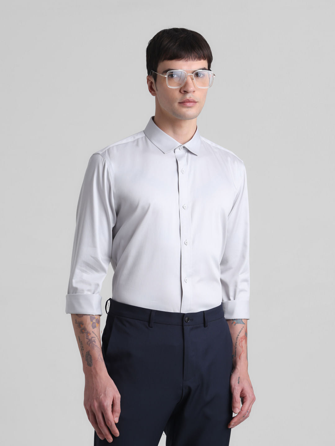 Grey Slim Fit Full Sleeves Shirt - S