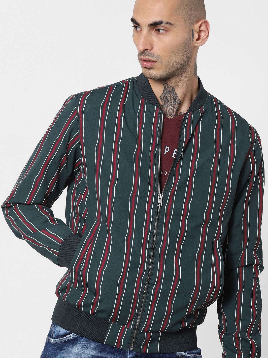 Green Striped Bomber Jacket - S