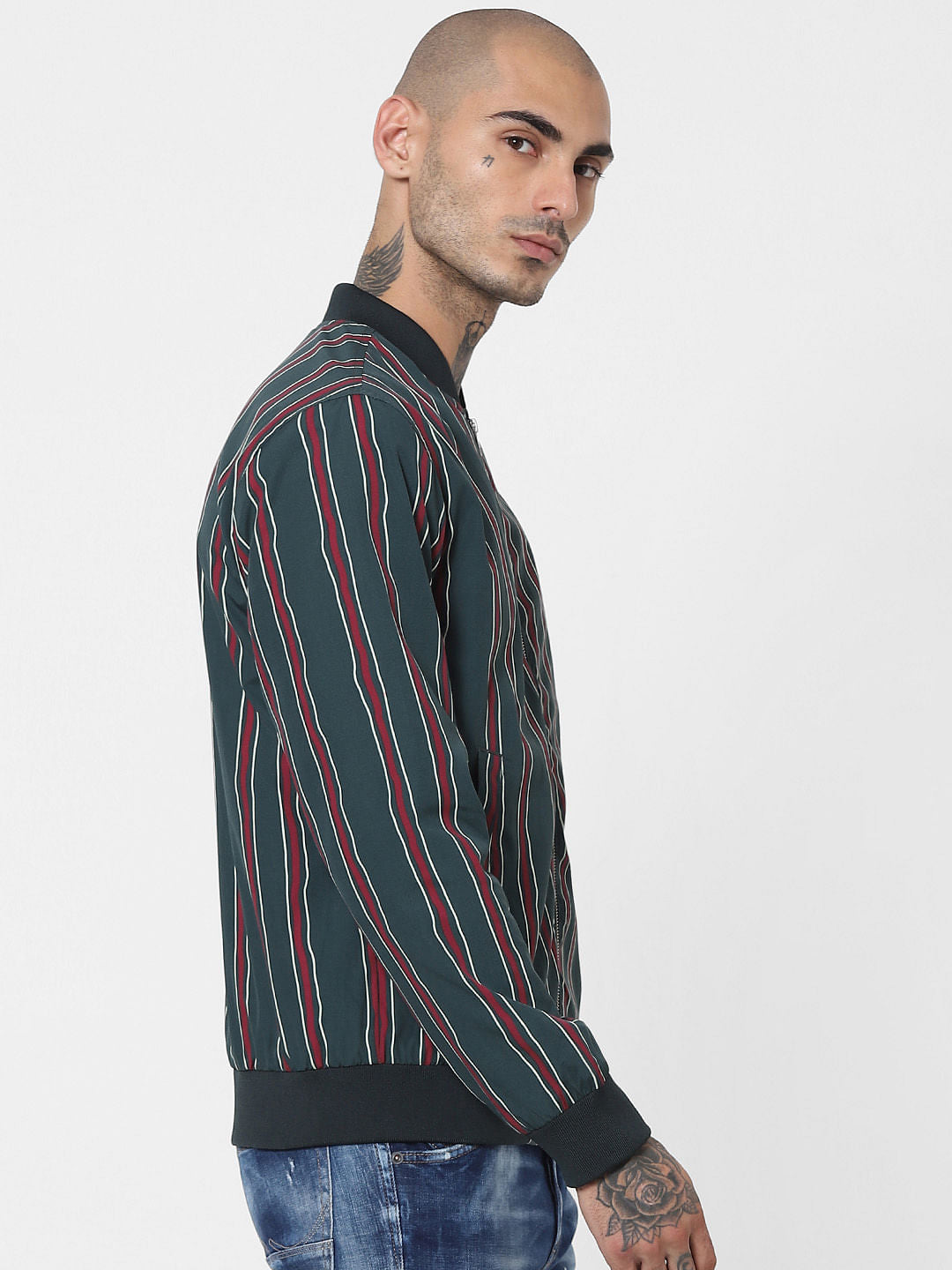 Green Striped Bomber Jacket