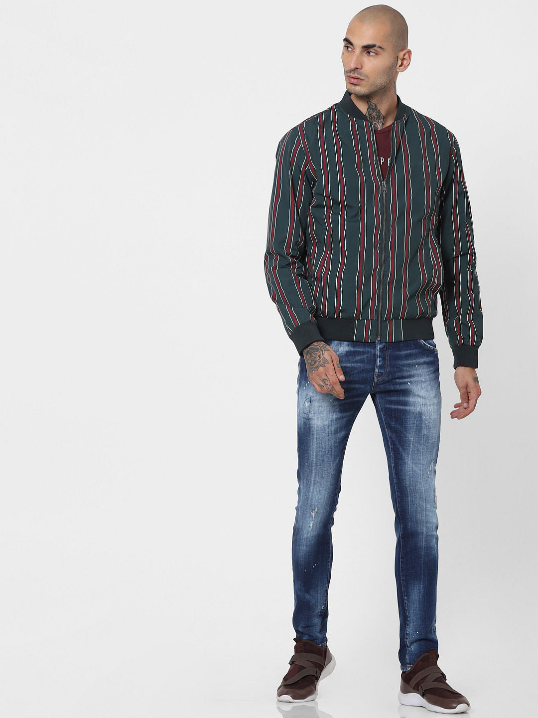 Green Striped Bomber Jacket