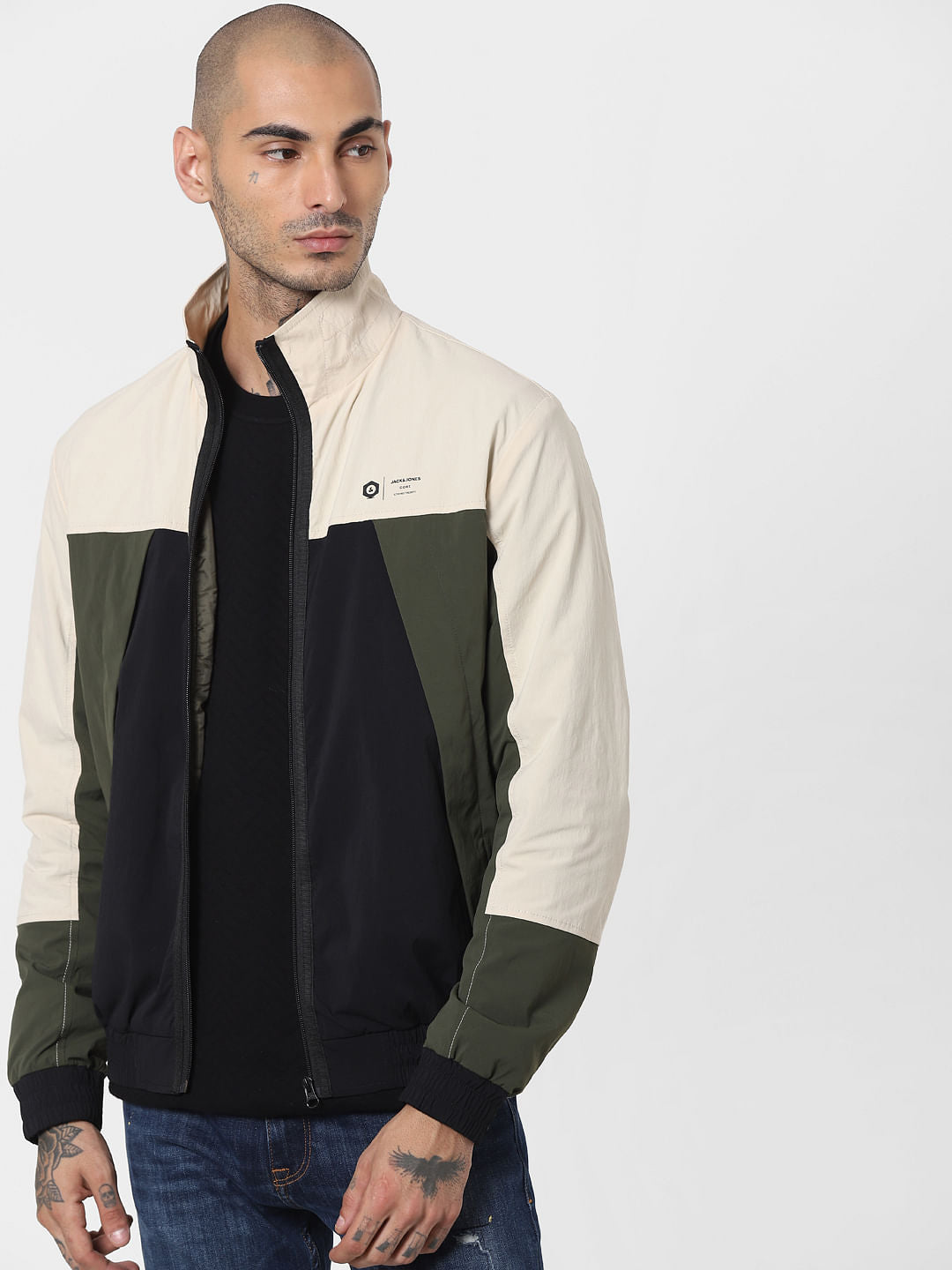 Beige Colourblocked Bomber Jacket - S