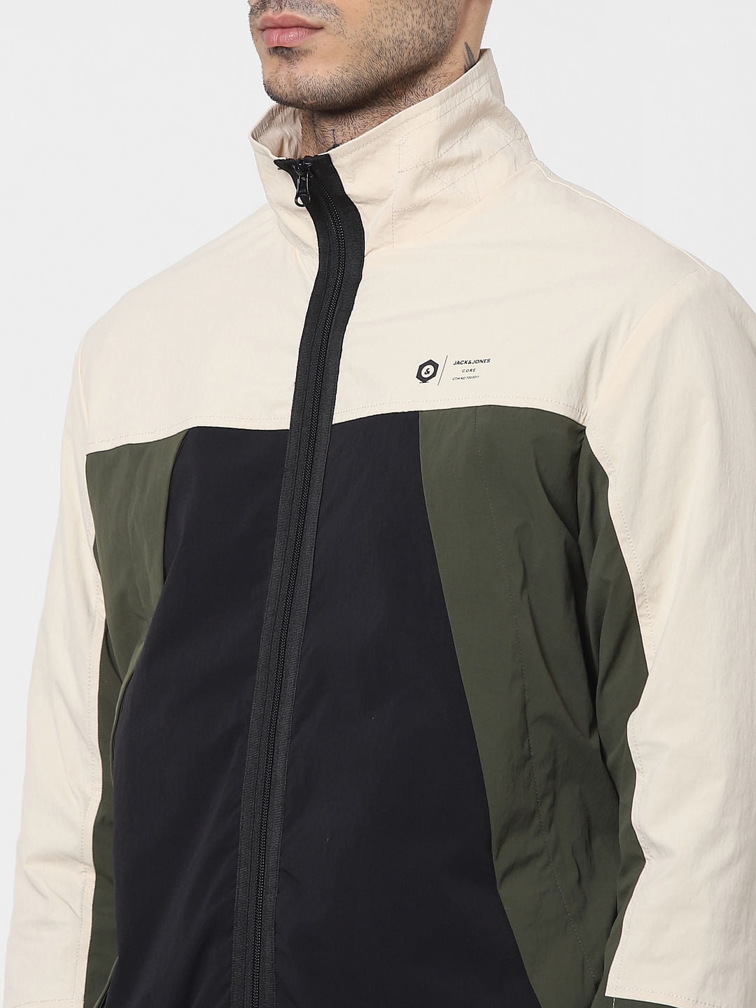 Beige Colourblocked Bomber Jacket