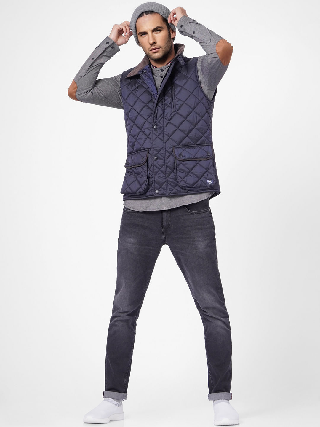 Blue High Neck Sleeveless Puffer Jacket - S