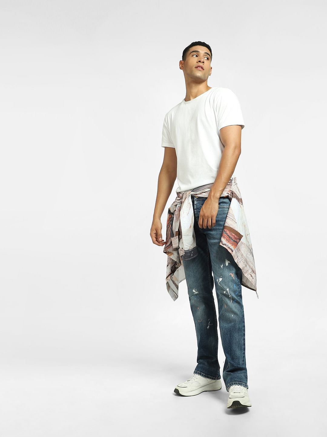 Blue Mid Rise Paint Detail Regular Jeans - 28/30