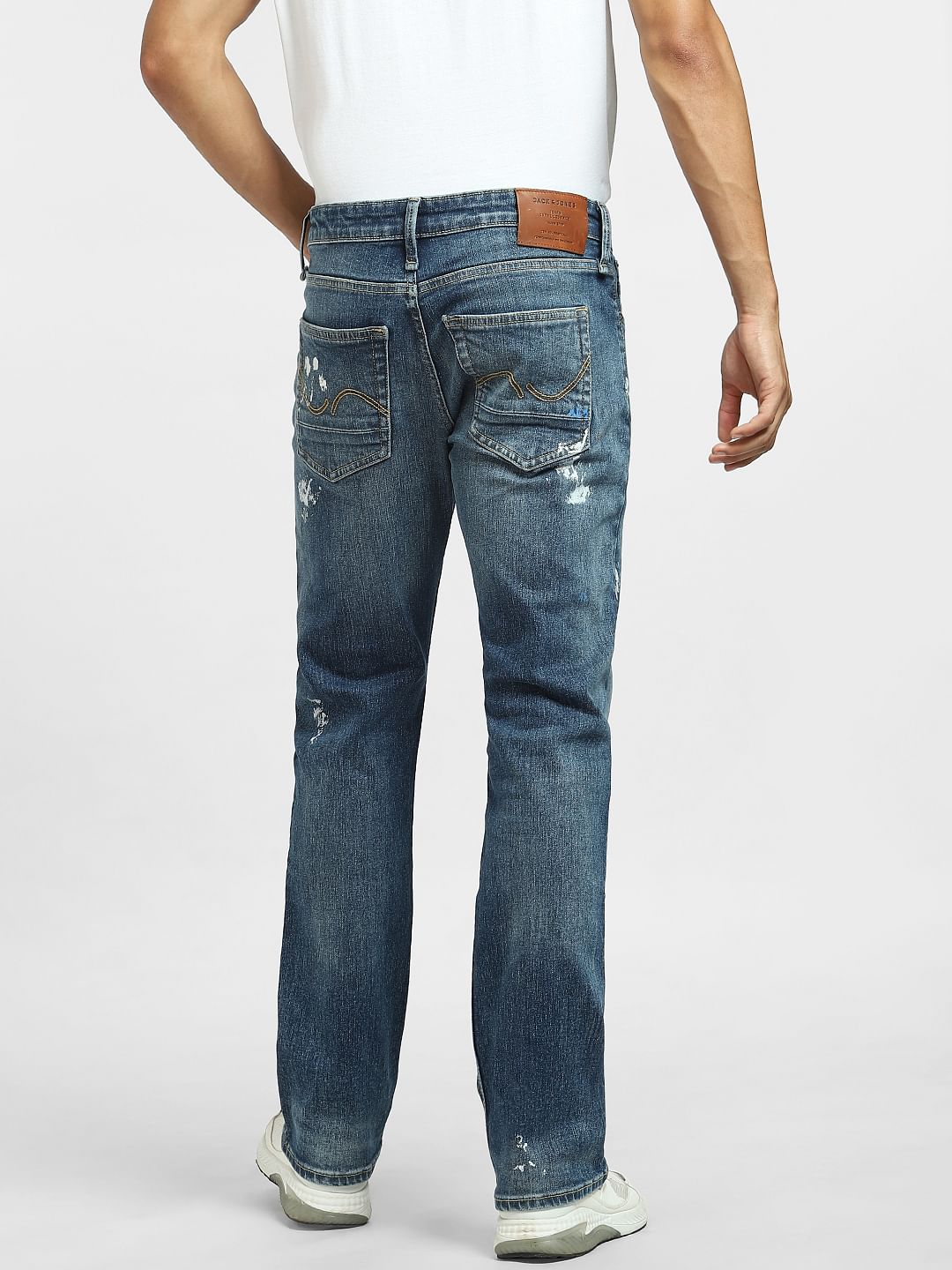 Blue Mid Rise Paint Detail Regular Jeans