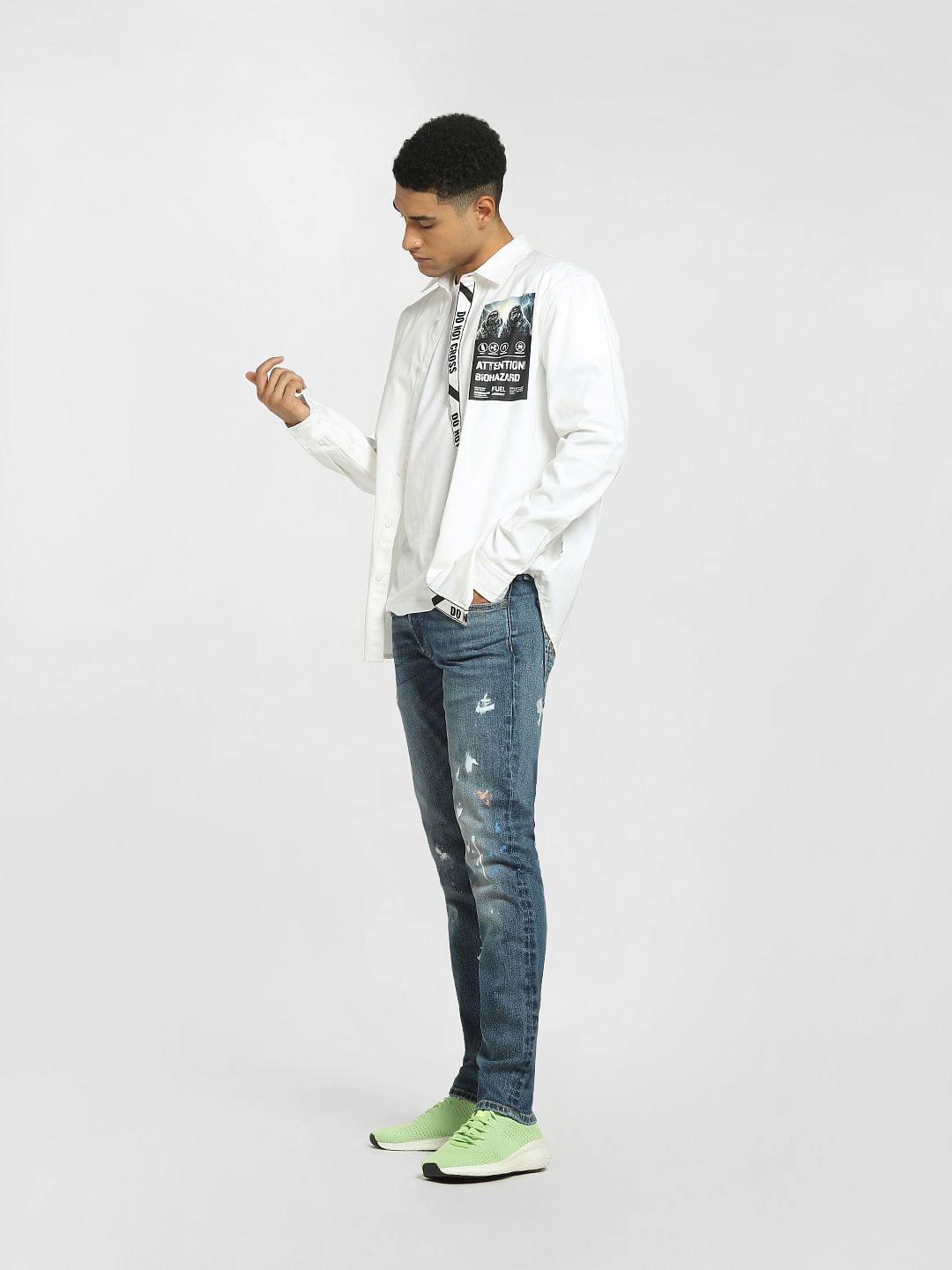 Blue Low Rise Paint Detail Slim Jeans