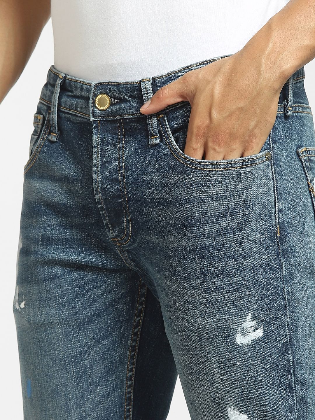 Blue Low Rise Paint Detail Slim Jeans