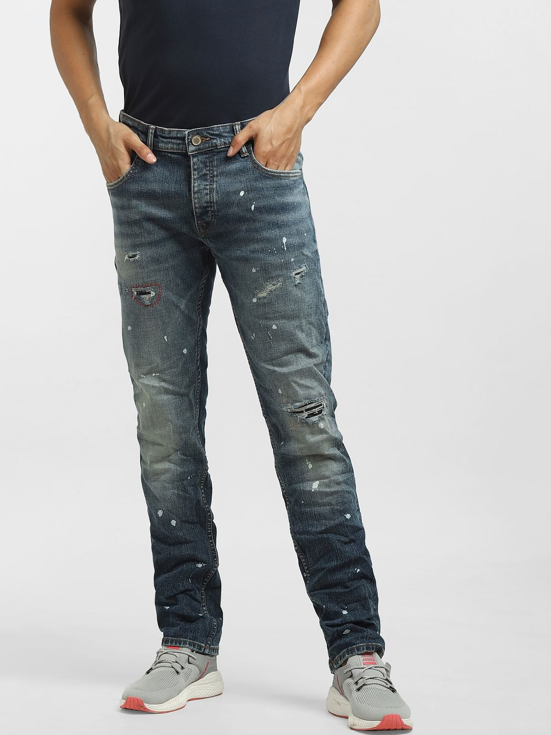 Dark Blue Low Rise Paint Detail Regular Jeans
