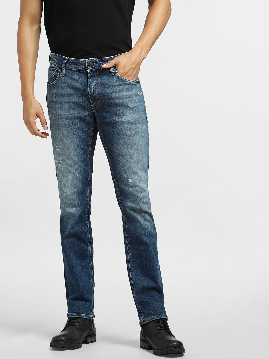 Blue Mid Rise Distressed Clark Straight Jeans
