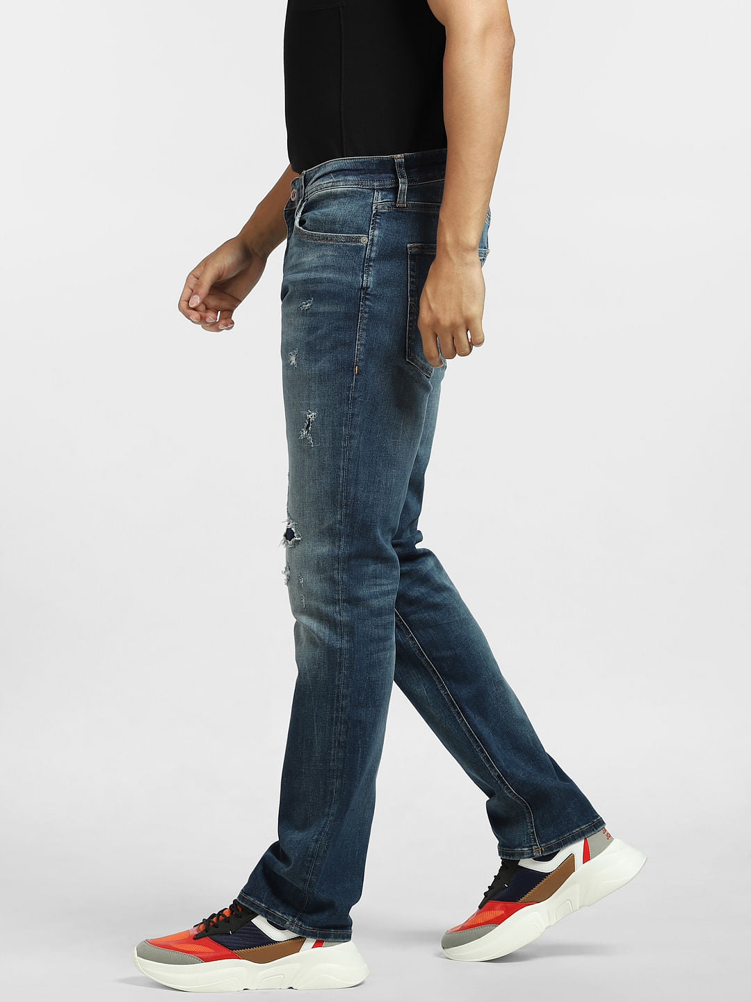Blue Mid Rise Ripped Clark Regular Jeans